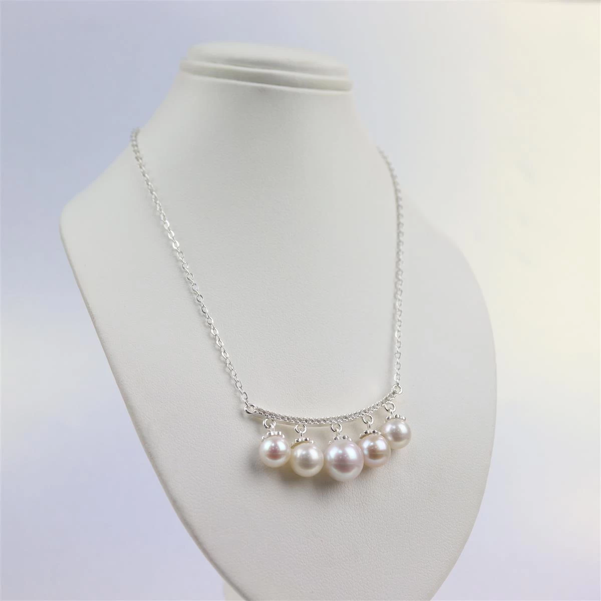 925 Sterling Silver Necklace With White Zircon & 5pcs White Freshwater Cultured Pearls (Approx 5mm, 6mm & 8mm) 4 925 Sterling Silver Necklace With White Zircon & 5pcs White Freshwater Cultured Pearls (Approx 5mm, 6mm & 8mm) - Image 2
