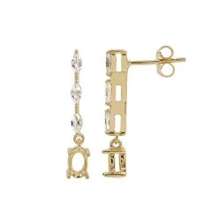 Gold Plated 925 Sterling Silver Oval Earrings Mount (To Fit 6x4mm Gemstones) Inc. 0.66cts White Zircon Brilliant Cut Marquise 4x2mm - 1Pair
