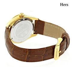 Luxurman Matching His & Hers Yellow Gold Plated Diamond Watch Set With Leather Band -Fashion Accessories watches luxurman matching his hers yellow gold plated diamond watches leather band backwh