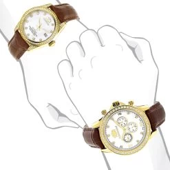 Luxurman Matching His & Hers Yellow Gold Plated Diamond Watch Set With Leather Band -Fashion Accessories watches luxurman matching his hers yellow gold plated diamond watches leather band bod