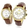 Luxurman Matching His & Hers Yellow Gold Plated Diamond Watch Set With Leather Band -Fashion Accessories watches luxurman matching his hers yellow gold plated diamond watches leather band main