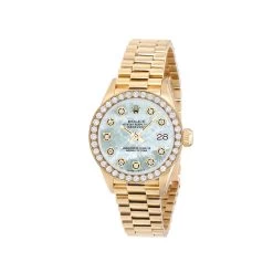 Women's 18K Gold Watch Rolex Datejust 26mm Blue Mother Of Pearl Dial Diamond Bezel