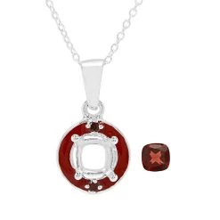 Red Enamel Doughnut Pendant Mount (To Fit 6mm Cushion) With 1.12cts Garnet With 18 Inch Chain
