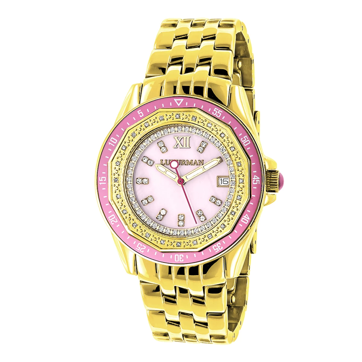 Yellow Gold Plated Ladies Diamond Pink Watch 0.25ct Luxurman 3 Yellow Gold Plated Ladies Diamond Pink Watch 0.25ct Luxurman