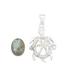 925 Sterling Silver Turtle Pendant With 3.47cts Labradorite Cabochon & White Zircon